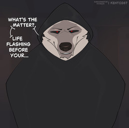 anthro black_clothing black_sclera cloak clothed clothing dialogue facial_markings front_view fur fuzzy grey_background grey_body grey_fur head_markings hood hood_up hooded_cloak looking_at_viewer male markings mask_(marking) narrowed_eyes poncho red_eyes simple_background smile smirk solo standing teeth text kento267 dreamworks puss_in_boots_(franchise) death_(puss_in_boots) canid canine canis mammal wolf hi_res signature watermark