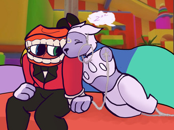 ambiguous_gender anthro chain duo fangs hypno_(inhabitedartist) intersex intersex/male machine male nervous power_button pushbutton sleeping teeth inhabitedartist glitch_productions tamagotchi the_amazing_digital_circus caine_(tadc) animate_inanimate humanoid robot robot_dog 4:3 hi_res