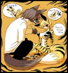 anthro blush bodypaint breasts brush duo eyewear female glasses male nude paintbrush painted_markings rape_face stripes tail teeth text sho_shibamoto kituneko canid canine canis fox mammal wolf english_text pictographics warm_colors yellow_theme