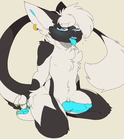 animal_genitalia animal_penis anthro biped blush claws ear_piercing erection fur genitals hair kneeling knot male nude open_mouth pawpads paws penis piercing simple_background solo teeth tongue tongue_out backsash vanillabean ferrin mammal 2019 absurd_res digital_media_(artwork) hi_res