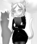 anthro bottomwear clipboard clothing eyewear female glasses hair office_clothing shadow skirt solo tied_hair pecco_occeq hitoner miss_tonerico domestic_cat felid feline felis mammal 2024 absurd_res black_and_white hi_res monochrome