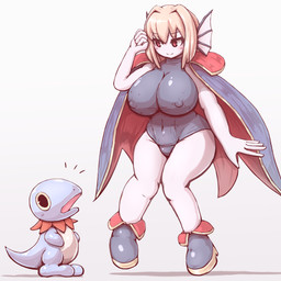 ambiguous_gender big_breasts blonde_hair blue_body breasts cape chibi cleavage clothed clothing duo ear_fins erect_nipples female fin footwear hair hat headgear headwear huge_breasts nipples one-piece_swimsuit red_eyes shoes simple_background smile swimwear white_background white_body white_skin 57mm mana_(series) square_enix trials_of_mana succube animal_humanoid aquatic aquatic_humanoid fish fish_humanoid humanoid lizard pakkun_(mana) reptile scalie 1:1 hi_res