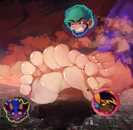 anthro barefoot brown_body brown_fur city close-up cutaway destruction disembodied_head feet foot_focus footprint fur giga green_hair group hair humanoid_feet macro male plantigrade purple_body purple_fur sky solo_focus star starry_sky tongue tongue_out toothy_grin zlozilla rastos_halcyon haplorhine mammal monkey primate 2020 hi_res