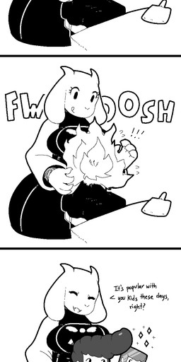 ambiguous_gender anthro asking asking_another clothed clothing dialogue duo fangs female motion_onomatopoeia onomatopoeia question smile sound_effects tag_question talking_to_another teeth text velocity_sound_effect wide_hips yes-no_question unknown_artist undertale undertale_(series) toriel boss_monster_(undertale) bovid caprine mammal digital_media_(artwork) english_text hi_res monochrome