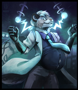 accessory anthro black_border border clothing coat collared_shirt electricity fur gloves handwear lab_coat laboratory latex latex_clothing latex_gloves latex_handwear male necktie pregnant pregnant_anthro pregnant_male scientist shirt solo topwear white_body white_fur pixelflare tekk_(confu5ed) felid mammal pantherine snow_leopard 2025 digital_drawing_(artwork) digital_media_(artwork) english_description hi_res