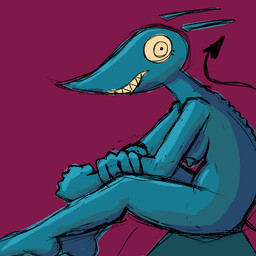 anthro blue_body breasts casual_nudity erect_nipples female hand_on_arm humanoid_hands looking_at_viewer nipples nude nude_anthro nude_female red_background sharp_teeth simple_background sitting solo spade_tail tail teeth thin_tail hexedcyana thang 1:1 2026 english_description