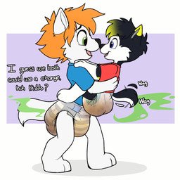 anthro black_body black_fur black_hair blue_clothing blue_eyes blue_shirt blue_topwear bodily_fluids carrying_another carrying_baby clothed clothing dialogue diaper dipstick_ears dipstick_hair duo ear_markings eye_contact feces fur genital_fluids green_eyes hair looking_at_another male markings multicolored_body multicolored_ears multicolored_fur neonate nuzzling open_mouth open_smile orange_hair pantsless red_clothing red_shirt red_topwear sagging_diaper shirt side_view smelly smile soiled_diaper stink_fumes tail tail_motion tailwag text toddler tongue topwear two_tone_body two_tone_fur unclean_diaper urine used_diaper walking wet_diaper white_body white_fur young baltnwolf rebel_(s_c_rebel) snackie canid canine canis domestic_dog husky mammal nordic_sled_dog spitz wolf 1:1 english_text hi_res