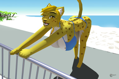 anthro beach big_breasts bikini breasts clothed clothing detailed_background female huge_breasts keonii looking_at_viewer outside sand seaside skimpy sky solo swimwear tail two-piece_swimsuit water cubikore cheetah felid feline mammal 2012 3:2 character_request hi_res