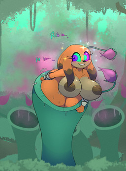anthro big_breasts big_butt blush bodily_fluids breasts brown_body brown_fur brown_highlights brown_nipples butt dialogue female front_view fur hair highlights_(coloring) huge_butt hypnosis hypnotic_gas mind_control multicolored_body multicolored_fur multicolored_hair nipples nude nude_anthro nude_female orange_body orange_fur orange_hair pheromones plant plant_pred ringed_eyes solo stuck sweat text thick_thighs two_tone_body two_tone_fur two_tone_hair vore wide_hips davidthewolfx10 lena_the_echidna echidna mammal monotreme 2025 absurd_res english_text hi_res