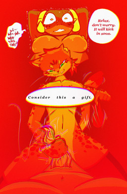 anthro bodily_fluids dialogue drugged duo female forced fur genitals green_eyes gynomorph gynomorph/female horn intersex intersex/female nude penis penis_grab psychedelic simple_background smile speech_bubble substance_intoxication tentacles text yellow_eyes brradett kat_(irresistable) lernie_(brradett) felid feline mammal scalie absurd_res colored comic digital_media_(artwork) english_text hi_res
