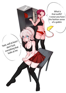 bag bench black_clothing black_topwear blue_eyes bottomwear bra clothing dialogue dressing duo female female/female fire flaming_tail hair horn legwear locker locker_room panties pink_body red_bottomwear red_clothing red_eyes red_hair red_panties red_skirt red_underwear skirt speech_bubble tail teasing text thigh_highs topwear towel underwear white_hair rulyamc mythology mylae sambal amphibian human humanoid mammal mythological_creature mythological_salamander mythological_scalie salamander scalie absurd_res english_text hi_res