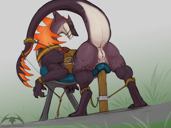 anus bdsm bodily_fluids bondage bound bound_muzzle breeding_stand butt claws cuffed_ankles cuffed_wrists female female_feral feral genital_fluids genitals presenting presenting_hindquarters raised_tail solo tail tail_tied vaginal_fluids vulva sonsasu mythology nerys dragon mythological_creature mythological_scalie scalie 4:3
