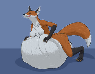 anthro anthro_pred belly big_belly blue_background breasts brown_eyes butt female female_anthro female_pred fully_inside fur huge_belly hyper hyper_belly imprint lying nipples nude nude_anthro nude_female on_front orange_body orange_fur resting_on_belly same_size_vore simple_background solo tail tongue tongue_out vore whiskers white_body white_fur strega canid canine fox mammal 2025 hi_res