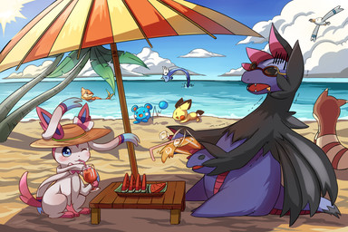 ambiguous_gender beach detailed_background feathered_wings feathers feral food fruit group head_wings juice_(beverage) melon outside plant sand seaside sky unusual_wing_placement water watermelon wings foil_(artist) nintendo pokemon azurill buizel dragonair eeveelution furret generation_1_pokemon generation_2_pokemon generation_3_pokemon generation_4_pokemon generation_5_pokemon generation_6_pokemon hydreigon mammal pichu pokemon_(species) rodent sylveon wingull 3:2