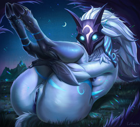 anthro anus areola areola_slip black_nipples black_vulva blue_eyes butt cloven_hooves dewclaw_hooves female floppy_ears fur genitals grass holding_legs_up hooves legs_up light lying lying_on_grass mask mask_only moon moonlight mountain night nipples nude on_back on_grass on_ground plant solo star unguligrade vulva wearing_mask white_body white_fur catpumpkin league_of_legends riot_games tencent wild_rift kindred_(lol) lamb_(lol) bovid caprine mammal sheep absurd_res hi_res