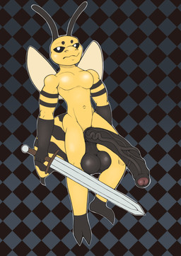 antennae_(anatomy) anthro balls big_balls big_penis genitals huge_balls huge_penis humanoid_genitalia humanoid_penis hyper hyper_genitalia hyper_penis insect_wings looking_at_viewer male melee_weapon nude pecs penis solo sword tail weapon wings yellow_body 3loy arthropod hymenopteran insect wasp absurd_res digital_media_(artwork) hi_res