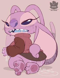 3_toes antennae_(anatomy) anthro big_ears blue_tongue blush blush_lines bodily_fluids bottomwear butt caught_in_the_act caught_masturbating clothed clothing ear_markings eyelashes feet female genital_fluids interrupted_masturbation logo looking_at_viewer looking_back looking_back_at_viewer markings masturbation open_mouth pawpads pink_body purple_eyes purple_markings purple_nose purple_pawpads rear_view simple_background sitting skirt small_tail solo sweater tail toes tongue topwear vaginal_fluids wet renabu disney lilo_and_stitch angel_(lilo_and_stitch) alien experiment_(lilo_and_stitch) 2026 absurd_res artist_logo hi_res