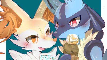 ambiguous/ambiguous ambiguous_anthro ambiguous_gender anthro arm_tuft biped black_body black_nose blush blush_lines cheek_tuft dessert duo eye_contact eyelashes facial_tuft food fur holding_food holding_object ice_cream inner_ear_fluff looking_at_another multicolored_body multicolored_fur nude_ambiguous nude_anthro open_mouth open_smile orange_body orange_eyes orange_fur orange_inner_ear_fluff orange_nose pupils red_eyes shoulder_tuft simple_background smile snout teal_background tuft white_bars white_body white_fur white_pupils yellow_body yellow_fur izon448 nintendo pokemon braixen canid generation_4_pokemon generation_6_pokemon lucario mammal pokemon_(species) 2023 cel_shading colored digital_drawing_(artwork) digital_media_(artwork) hi_res shaded