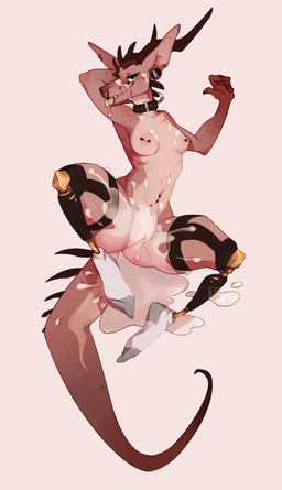5_fingers amputee anthro big_ears black_collar black_eyes blush bodily_fluids breasts brown_body brown_face brown_horn brown_nose clothing collar collar_only collarbone cum cum_in_vagina cum_inside cum_on_breasts cum_on_face cum_on_leg cum_on_tail cum_pool disability dripping ear_piercing eyebrows facial_piercing female fingers footwear freckles genital_fluids genitals gesture hand_behind_head hand_gesture horn humanoid_genitalia humanoid_vulva long_tail looking_at_viewer lying markings mole_(marking) navel navel_piercing nipple_piercing nipples nose_piercing nude on_back piercing pillow pink_nipples pointing presenting presenting_vulva prosthetic prosthetic_leg prosthetic_limb raised_eyebrow raised_tail saliva saliva_drip scar scratches simple_background slim small_breasts small_waist smile socks solo spiked_tail spikes spikes_(anatomy) suggestive tail tan_body tan_skin tongue tongue_out vaginal_fluids vulva pinus_rigida mythology dragon mythological_creature mythological_scalie scalie wingless_dragon 2018 absurd_res colored digital_drawing_(artwork) digital_media_(artwork) hi_res