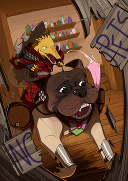 2_toes 4_fingers 5_fingers alcohol_bottle ambiguous_feral ambiguous_gender anthro armor arms_bent bar barrel beverage_bottle black_eyes black_nose black_pawpads blue_clothing blue_fingerless_gloves blue_gloves blue_handwear bottle brown_body brown_eyes brown_fur brown_horn chainmail clothed clothed_anthro clothed_male clothing container destruction duo fangs feet feral fingerless_gloves fingers floppy_ears fur furrowed_eyebrows gloves greaves handwear holding_reins horn inside light long_tongue male male_anthro midair multicolored_body multicolored_fur no_eyebrows open_mouth open_smile paladin pawpads paws pink_tongue plaid_robe red_clothing red_robe reins riding robe scales shelf shield shield_on_back short_horn sitting sitting_on_another small_horn smile tan_body tan_fur tan_wall teeth toes tongue tongue_out wall_(structure) yellow_body yellow_scales inkarat_mittongtare dungeons_and_dragons hasbro oxventure wizards_of_the_coast dogbert_(oxventure) egbert_(oxventure) canid canine canis chuul domestic_dog dragonborn_(dnd) mammal mastiff molosser scalie 2020 absurd_res colored digital_drawing_(artwork) digital_media_(artwork) english_description hi_res lighting shaded