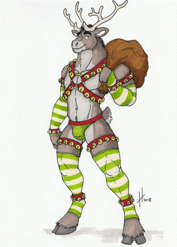 anthro antlers armwear athletic athletic_anthro athletic_male bell bell_harness black_hair blue_eyes bottomwear bulge clothing front_view fur green_armwear green_bottomwear green_clothing green_legwear grey_body grey_fur grey_hooves hair harness holding_bag hooves horn legwear looking_at_viewer male male_anthro mouth_closed narrowed_eyes pattern_armwear pattern_clothing pattern_legwear short_hair simple_background solo standing striped_armwear striped_clothing striped_legwear stripes white_armwear white_background white_clothing white_legwear hufnaar deer mammal 2018 dated full-length_portrait hi_res portrait