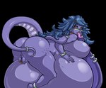 anthro big_breasts black_sclera blue_hair breasts butt cuff_(restraint) eyewear female genital_piercing genitals glasses hair hyper hyper_pregnancy looking_at_viewer looking_back piercing plump_labia pregnant pregnant_anthro pregnant_female purple_body pussy pussy_piercing raised_tail red_eyes resting_on_belly restraints solo tail tongue tongue_out adjatha trials_in_tainted_space humanoid raskvel scalie alpha_channel hi_res