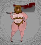 alternate_species anthro bag_over_head big_breasts blood blood_on_weapon bodily_fluids breasts cleavage cleaver_(weapon) clothed clothing dirty female grey_background hand_on_hip holding_cleaver holding_object holding_weapon huge_breasts looking_at_viewer melee_weapon navel overweight overweight_female pink_body ragged_clothing simple_background solo thick_thighs weapon weapon_on_shoulder wide_hips chhiccennuggett dark_souls fromsoftware maneater_mildred domestic_pig mammal suid suina sus_(pig) hi_res