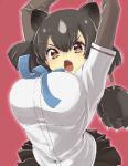 angry bear_paw_hammer big_breasts black_hair bottomwear bouncing_breasts breasts brown_eyes clothing fangs female hair holding_object holding_weapon open_mouth shirt skirt solo teeth topwear undershirt weapon murata_tefu kemono_friends brown_bear_(kemono_friends) animal_humanoid bear humanoid mammal mammal_humanoid ursid_humanoid ursine ursine_humanoid