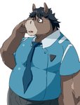 anthro belly bottomwear brown_body brown_fur clothing eyewear fur glasses kemono male overweight overweight_anthro overweight_male pants shirt simple_background solo topwear white_background train_(artist) equid equine horse mammal 2021 hi_res