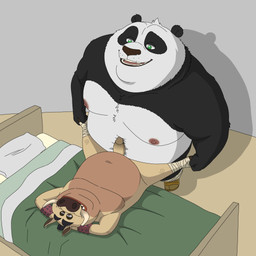 age_difference anal anal_penetration anthro bed furniture genitals lying male male/male nipples nude older_male on_back overweight overweight_male penetration penis size_difference slightly_chubby slightly_chubby_male spread_legs spreading bobbellyboy dreamworks kung_fu_panda master_po_ping taotie_(kung_fu_panda) bear giant_panda mammal suid suine warthog 1:1 absurd_res hi_res
