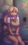 2019 absurd_res anthro biped blonde_hair bottomwear breasts clothing clothing_grab digital_media_(artwork) dimwitdog english_text female furgonomics glory_hole graffiti hair hi_res lagomorph leporid lo long_ears looking_away mammal nervous rabbit signature sitting skirt solo tail tail_through_skirt text toilet