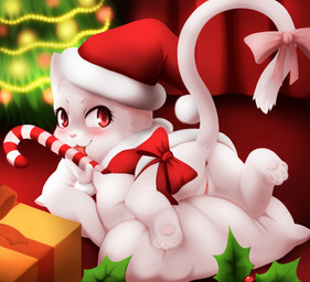 4_toes accessory anthro anus barefoot blush bow_(feature) bow_accessory bow_ribbon box butt candy candy_cane christmas_tree clothing container dessert eyelashes feet female food fur furgonomics genitals gift glowing happy hat headgear headwear holidays holly_(plant) inside light looking_at_viewer looking_back nude pillow pink_nose plant presenting presenting_hindquarters presenting_vulva raised_leg red_eyes ribbons smile solo stripes tail tail_accessory tail_bow tail_ribbon toes tongue tongue_out tree vulva white_body white_fur darkmirage christmas fairy_tail charle_(fairy_tail) domestic_cat exceed felid feline felis mammal 2013