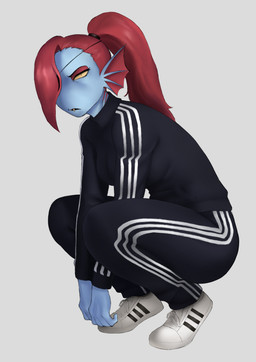 blue_body blue_skin bottomwear breasts clothing crouching eyebrows eyelashes female footwear frill_(anatomy) hair pants ponytail red_hair shoes solo yellow_sclera meruzis undertale_(series) undyne animal_humanoid fish fish_humanoid humanoid marine marine_humanoid 2025 absurd_res hi_res