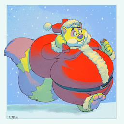 3_toes 4_fingers anthro bag_over_shoulder barefoot belly belt big_belly big_tail biped black_eyebrows border cheek_bulge christmas_clothing christmas_headwear clothed clothed_anthro clothed_male clothing cookie countershade_face countershade_fur countershading eating eyebrows feet fingers food fur hair hat headgear headwear holding_bag holding_cookie holding_food holding_object holidays huge_belly humanoid_hands looking_forward male male_anthro markings moobs multicolored_body multicolored_fur obese obese_anthro obese_male overweight overweight_anthro overweight_male pawpads pink_pawpads purple_body purple_fur purple_nose purple_tail red_clothing red_hat red_headwear ring_(marking) ringed_tail santa_hat snow snowing solo striped_markings striped_tail stripes tail tail_markings three-quarter_view toes toony two_tone_tail walking white_body white_border white_countershading white_fur white_hair yellow_body yellow_fur yellow_tail teaselbone christmas raccoondrew_(character) mammal procyonid raccoon 1:1 2020 digital_drawing_(artwork) digital_media_(artwork) full-length_portrait portrait shaded signature