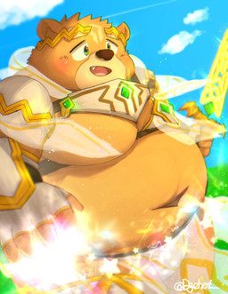 anthro armor belly blush brown_body brown_fur clothing crown fur green_eyes headgear male melee_weapon moobs navel obese overweight solo sword thong unconvincing_armor underwear weapon dagehot crave_saga gabu_(crave_saga) bear mammal hi_res