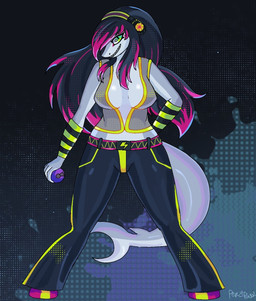 alternative_fashion anthro breasts electronics emo female gaiters graffiti headphones solo percypawz lapfox_trax mayhem_(renard) aquatic fish shark hi_res