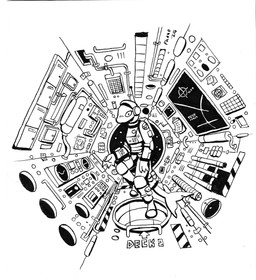 ambiguous_gender anthro control_panel detailed_background ink inside interior_background looking_at_viewer pipe post-it_note screen solo space spacecraft spacesuit star tube vehicle window wire zero_gravity phano fish marine shark hi_res monochrome