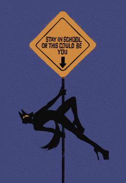 anthro arched_back black_body black_fur clothing directional_arrow footwear fur high_heels male nude pole seductive shoes simple_background slim solo stop_sign stripper stripper_pole tail text warning_sign soulfullhyena canid canine fox mammal english_text hi_res