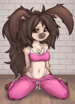ahoge anthro biped bottomwear bra breasts brick brick_wall brown_background brown_body brown_eyes brown_fur brown_hair clothed clothed_anthro clothed_female clothing detailed_background dipstick_snout female female_anthro floppy_ears fluffy fluffy_hair fur hair inside long_hair looking_at_viewer midriff navel pants pattern_background pose short_snout simple_background sitting solo sports_bra sportswear three-quarter_view underwear visible_underwear wall_(structure) wariza yoga_pants elronya fan_character ronya lagomorph leporid mammal rabbit brown_theme digital_drawing_(artwork) digital_media_(artwork) full-length_portrait hi_res portrait shaded simple_shading