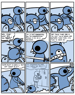 ambiguous_gender anthro dialogue duo embarrassed flashback high_school humor katana melee_weapon memory poison school school_hallway speech_bubble suicide suicide_attempt sword text weapon nedroid beartato reginald_(nedroid) avian bear bird mammal 2011 comic digital_media_(artwork) english_text