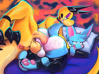 anal anal_penetration armwear bed bedroom bodily_fluids claws clothing duo femboy femboy/femboy furniture horn legwear male male/male penetration pillow smoke sweat retromander the_bat_(rakakuza) amphibian bat mammal salamander 4:3 absurd_res digital_media_(artwork) digital_painting_(artwork) hi_res painting_(artwork)