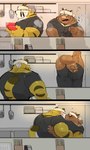2021 anthro blush brown_body brown_fur comic detailed_background duo eyes_closed felid fur hi_res hyaku_(artist) japanese_text kemono kissing kitchen kitchen_utensils male male/male mammal musclegut muscular overweight overweight_male pantherine suid suina sus_(pig) text tiger tools translation_request wild_boar yellow_body yellow_fur