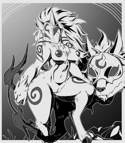 3_fingers anthro border bow_(weapon) breasts curvy_figure duo female fingers floating_head_creature floppy_ears fur fur_markings genitals gradient_background holding_bow_(weapon) holding_object holding_ranged_weapon holding_weapon hooves lop_ears male markings mask navel nipples nude_anthro pose ranged_weapon simple_background small_waist thick_thighs vulva weapon wearing_mask white_border wide_hips avante92 league_of_legends riot_games tencent kindred_(lol) lamb_(lol) wolf_(lol) bovid canid canine canis caprine mammal sheep wolf 2018 digital_media_(artwork) hi_res monochrome watermark