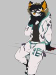 anthro bottomwear claws clothing crotch_lines hair jacket male muscular pants pondering red_claws solo topwear yellow_eyes spicy_flakes ryan_fero_(huf13) felid feline mammal absurd_res digital_media_(artwork) hi_res