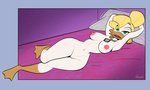 anthro beak bed bedroom_eyes blonde_hair breasts female furniture genitals hair hands_behind_head jewelry looking_at_viewer lying mature_anthro mature_female narrowed_eyes necklace nipples non-mammal_breasts non-mammal_nipples nude on_back on_bed pussy seductive solo berryvapor disney ducktales ducktales_(2017) goldie_o'gilt anatid anseriform avian bird duck 2021 full-length_portrait hi_res portrait