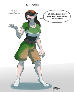 anthro breasts clothing corset dialogue female gender_transformation lingerie mid_transformation mtf_transformation simple_background solo speech_bubble text topwear transformation vr_headset oter felid feline human lynx mammal english_text hi_res