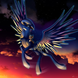 blue_body blue_eyes blue_feathers blue_fur brown_body brown_fur cloud duo eyes_closed feathered_wings feathers female feral flying fur horn male outside sky smile star starry_sky sunset wings neko-me friendship_is_magic hasbro my_little_pony mythology princess_luna_(mlp) equid equine horse mammal mythological_creature mythological_equine pegasus pony unicorn 1:1 absurd_res digital_media_(artwork) hi_res