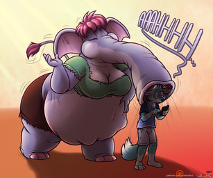 anthro belly big_belly blue_body blue_fur breasts clothing female female_pred fur green_clothing green_shirt green_topwear group male overweight shirt topwear vore scott_calico pat_(scott_calico) elephant elephantid mammal proboscidean 2017 6:5