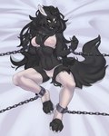 2019 4_toes ankle_cuffs anthro anutka barefoot bdsm bedding bedding_background black_body black_fur bondage bound bra breasts canid canine chain chain_bondage chained claws clothed clothing cuff_(restraint) digital_media_(artwork) digitigrade feet female fur hi_res hindpaw kay_rox looking_at_viewer lying mammal on_back panties paws restrained restraints shackles shaded solo submissive submissive_female toe_claws toes underwear wrist_cuffs yellow_eyes