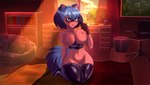 anthro blue_hair book breasts chair detailed_background female furniture genitals hair inside latex nipples pussy shelf solo tail ilu-silyan brand_new_animal studio_trigger michiru_kagemori humanoid absurd_res hi_res